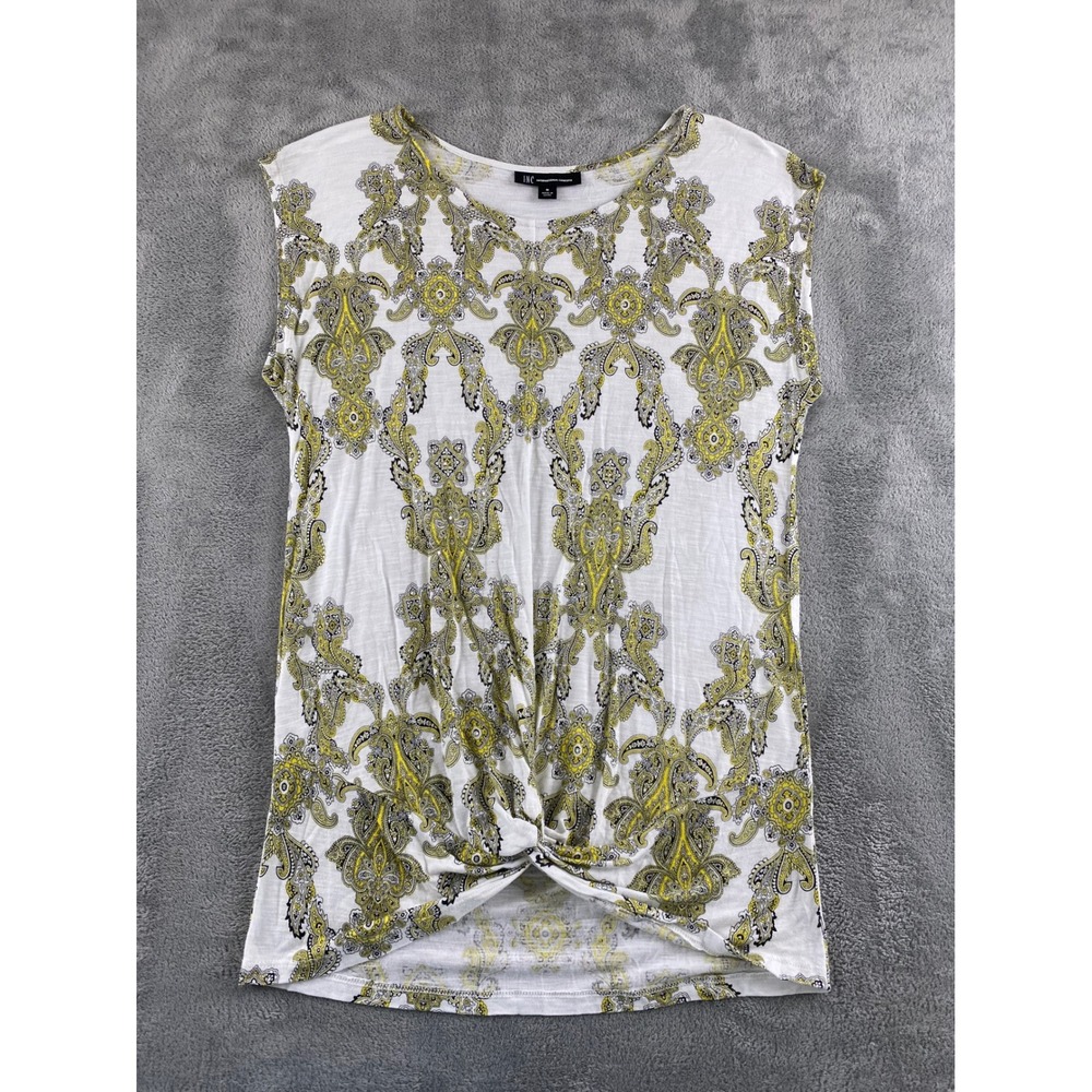 INC International Concepts Womens Medium Yellow Paisley Twist Front Slv less Top
